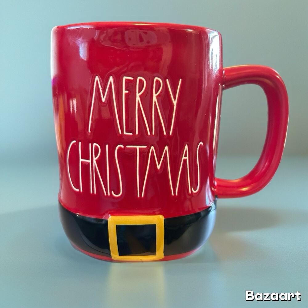 Rae Dunn Red Merry Christmas Mug Santa Black Belt Gold Buckle Coffee Collectible